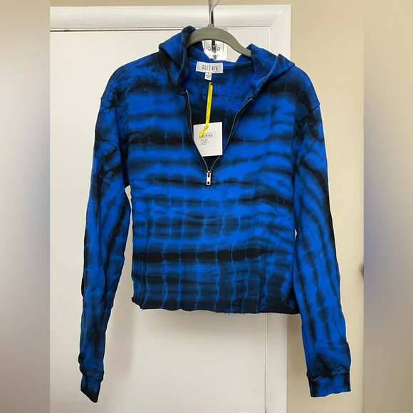 NWT Oli & Viv Corey Tie Dye Quarter Zip Crop Hoodie Electric Blue Black Small - Picture 2 of 9